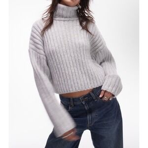 NEW TOPSHOP Women's L Chunky Knit Sweater Boxy Cropped Turtleneck Roll Neck Gray